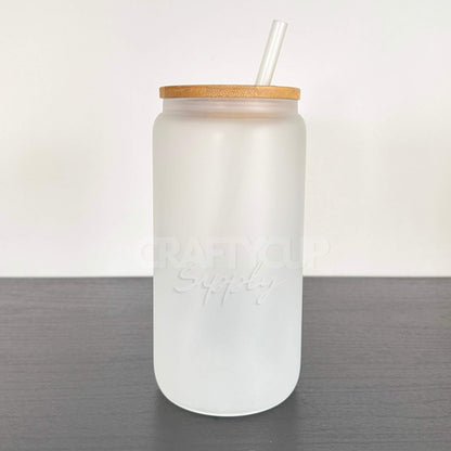 image shows a bamboo glass can which is called a Libbey Glass can.  this as a frosted finish to the glass and can be used to sublimate, uv dtf and vinyl.