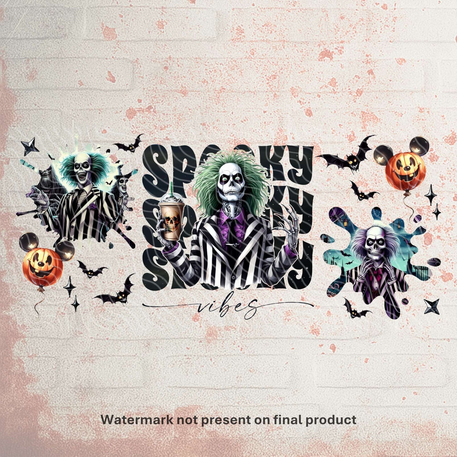 UV DTF Halloween wrap for Libbey 16oz glass cans – spooky tumbler transfer for UK crafters and wholesale suppliers.  Beetlejuice tumbler wraps