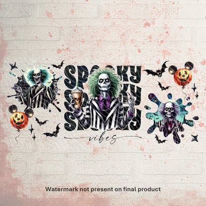 UV DTF Halloween wrap for Libbey 16oz glass cans – spooky tumbler transfer for UK crafters and wholesale suppliers.  Beetlejuice tumbler wraps