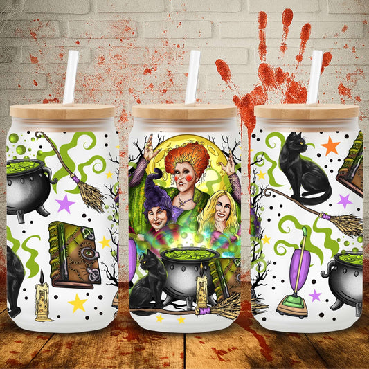 UV DTF Halloween wrap for Libbey 16oz glass cans – spooky tumbler transfer for UK crafters and wholesale suppliers.  Hocus Pocus dtf prints