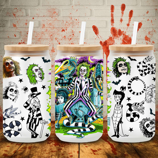 16oz Libbey can wrap with Halloween UV DTF print – creepy crafting transfer by UK wholesale cup wrap supplier.  Beetlejuice tumbler wraps stickers