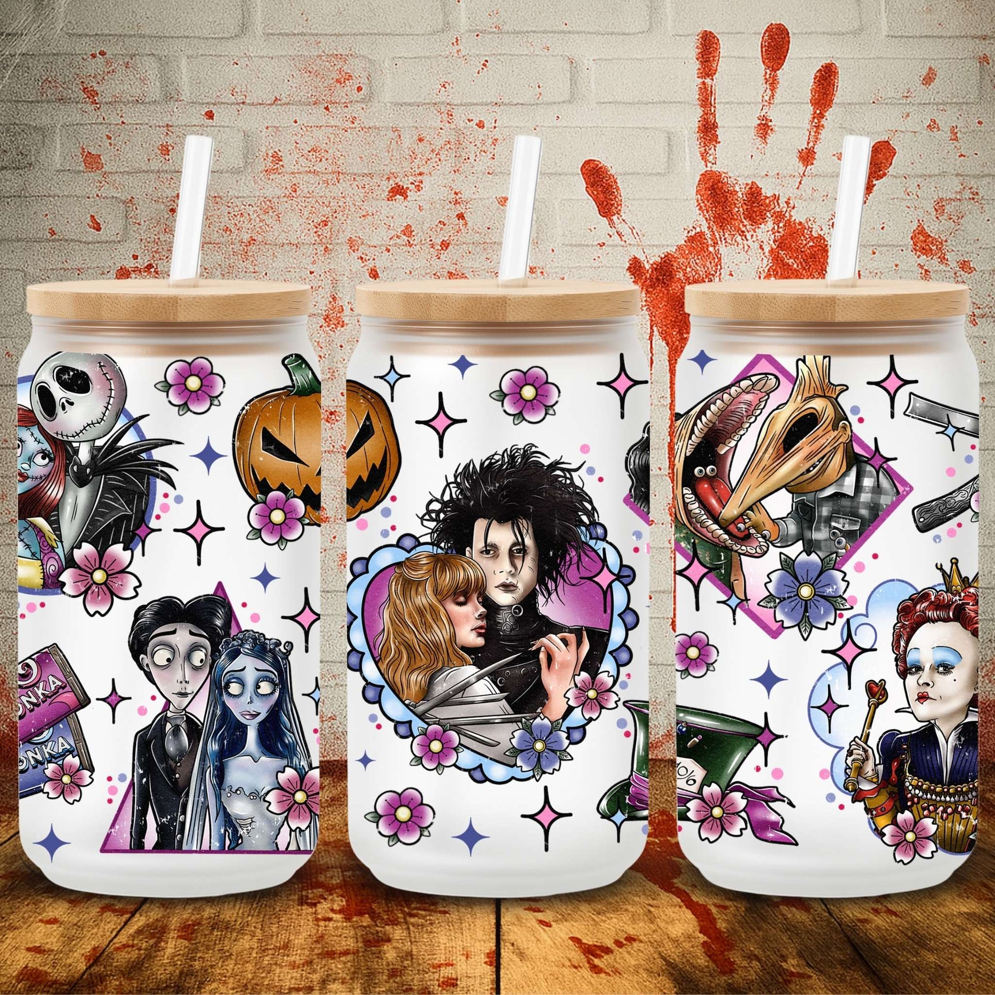 UV DTF Halloween wrap for Libbey 16oz glass cans – spooky tumbler transfer for UK crafters and wholesale suppliers.  Tim Burton films, edward scissorihands, beetlejuice