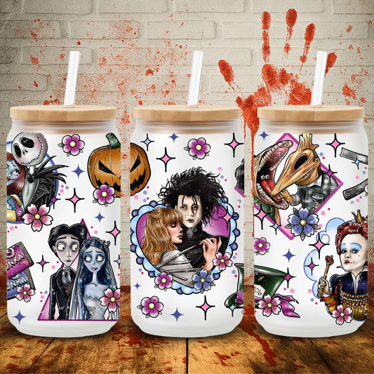 UV DTF Halloween wrap for Libbey 16oz glass cans – spooky tumbler transfer for UK crafters and wholesale suppliers.  Tim Burton films, edward scissorihands, beetlejuice