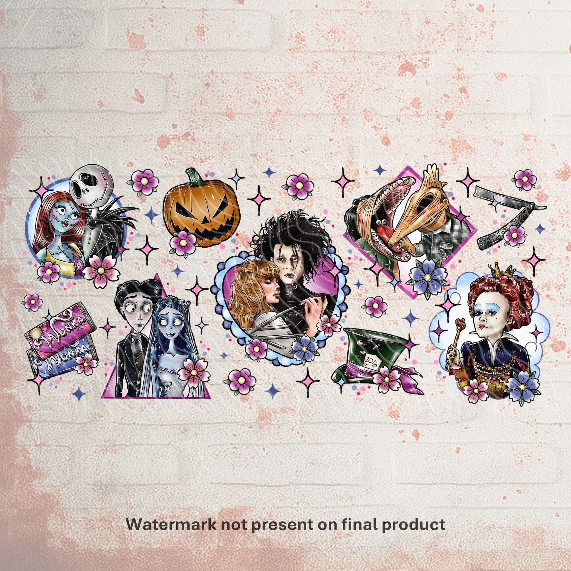 UV DTF Halloween wrap for Libbey 16oz glass cans – spooky tumbler transfer for UK crafters and wholesale suppliers.  Tim Burton films, edward scissorihands, beetlejuice