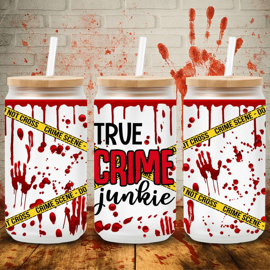 UV DTF Halloween wrap for Libbey 16oz glass cans – spooky tumbler transfer for UK crafters and wholesale suppliers

true crime junkie with blood drip and splatter