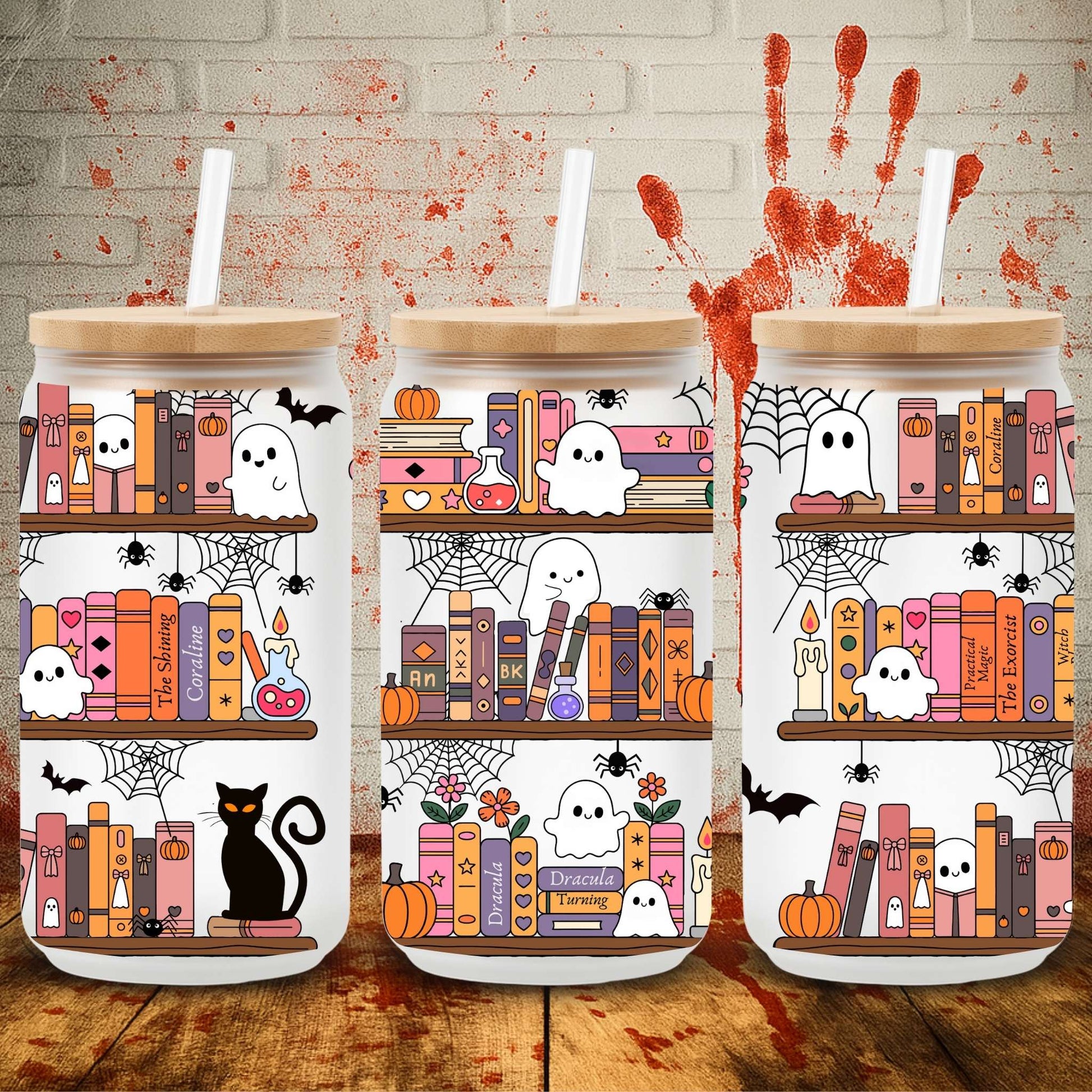 Halloween UV DTF wrap for 16oz Libbey glass can – spooky tumbler transfer from UK wholesale supplier for craft makers.  Halloween bookshelf with cute ghosts and spiders