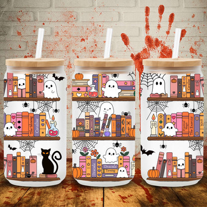 Halloween UV DTF wrap for 16oz Libbey glass can – spooky tumbler transfer from UK wholesale supplier for craft makers.  Halloween bookshelf with cute ghosts and spiders