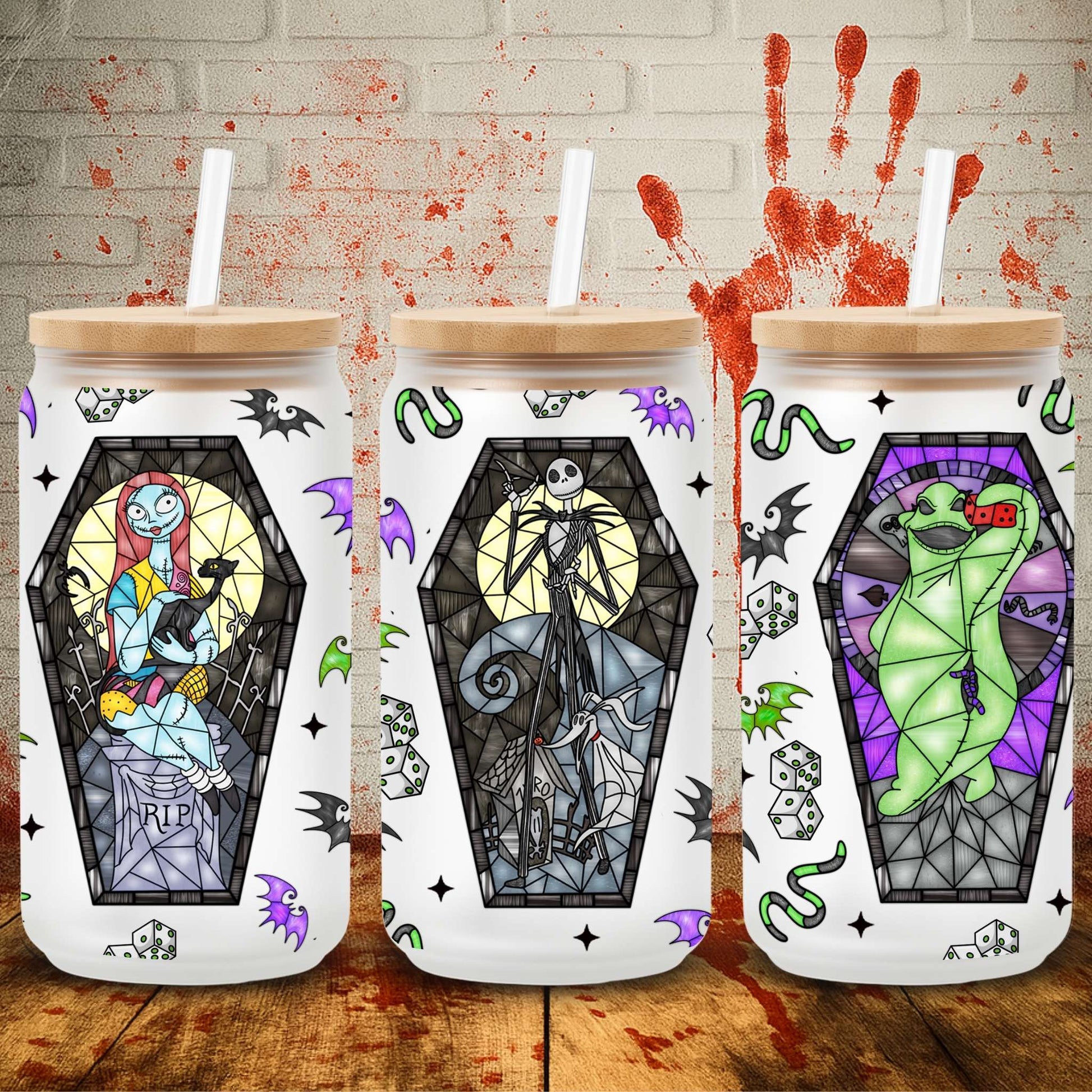 Halloween UV DTF wrap for 16oz Libbey glass can – spooky tumbler transfer from UK wholesale supplier for craft makers