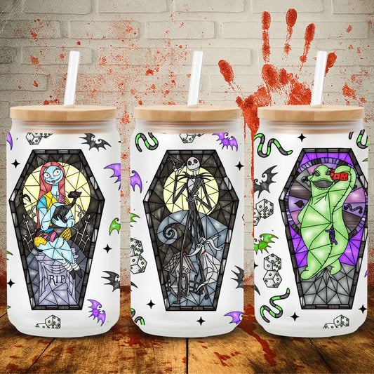 Halloween UV DTF wrap for 16oz Libbey glass can – spooky tumbler transfer from UK wholesale supplier for craft makers