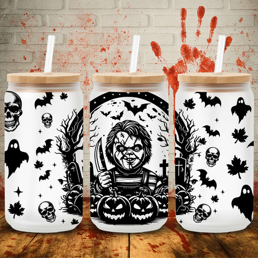 Halloween UV DTF wrap for 16oz Libbey glass can – spooky tumbler transfer from UK wholesale supplier for craft makers