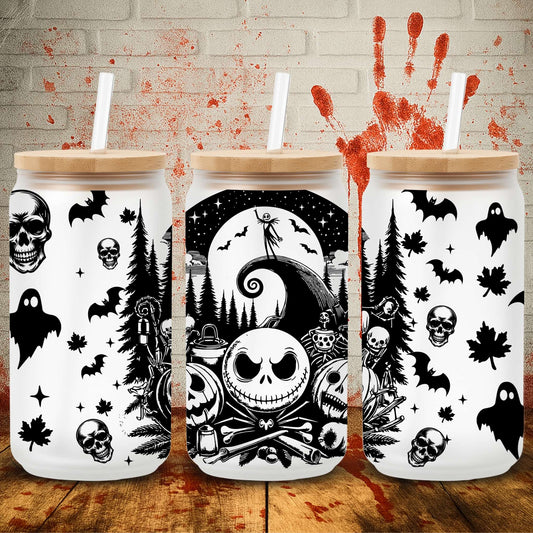 Spooky UV DTF transfer for 16oz Libbey tumbler – premium Halloween wrap from UK-based wholesale crafting supplier.  jack skellington wraps