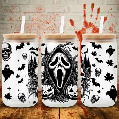 Spooky UV DTF transfer for 16oz Libbey tumbler – premium Halloween wrap from UK-based wholesale crafting supplier.  Ghostface scream the movie designs