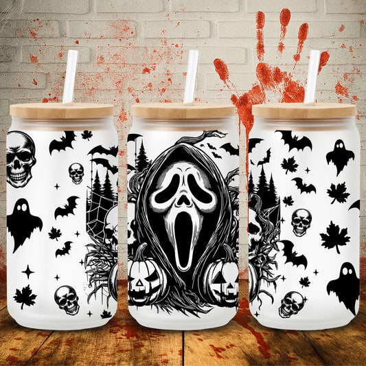 Spooky UV DTF transfer for 16oz Libbey tumbler – premium Halloween wrap from UK-based wholesale crafting supplier.  Ghostface scream the movie designs