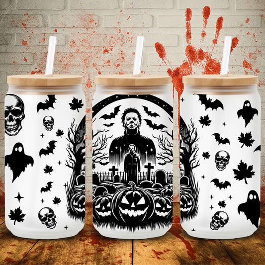 UV DTF Halloween wrap for Libbey 16oz glass cans – spooky tumbler transfer for UK crafters and wholesale suppliers.  mike myers friday 13th wraps