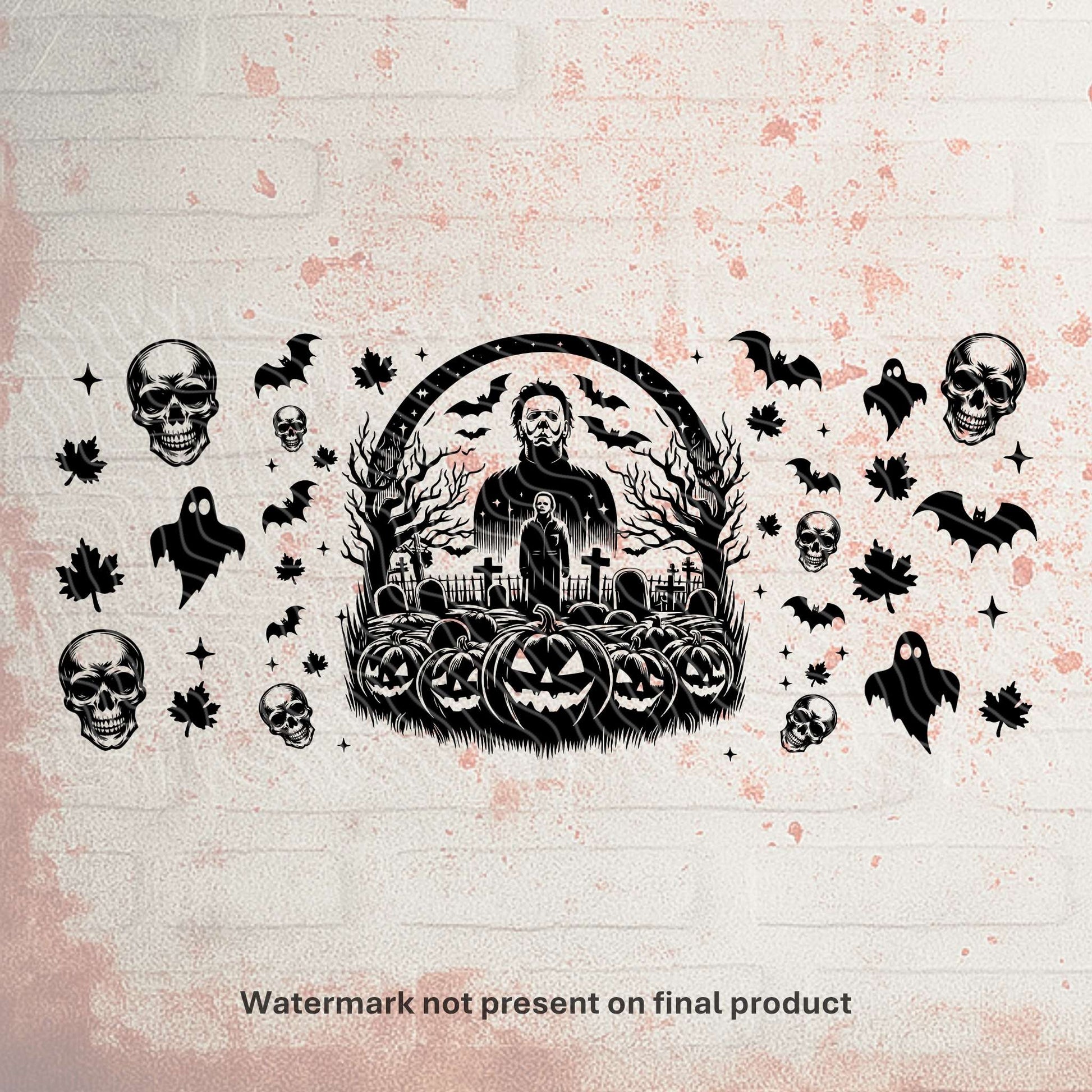 UV DTF Halloween wrap for Libbey 16oz glass cans – spooky tumbler transfer for UK crafters and wholesale suppliers.  mike myers friday 13th wraps