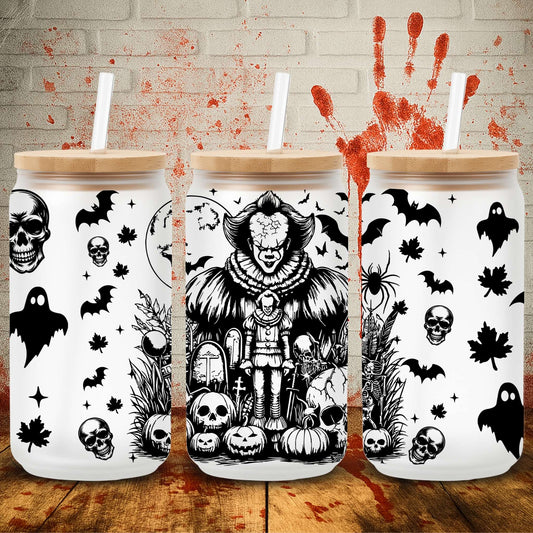 UV DTF Halloween wrap for Libbey 16oz glass cans – spooky tumbler transfer for UK crafters and wholesale suppliers.  IT the clown pennywise designs