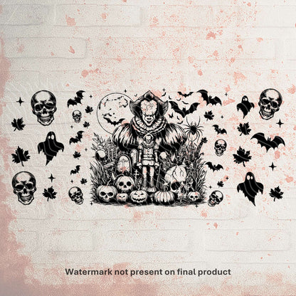 UV DTF Halloween wrap for Libbey 16oz glass cans – spooky tumbler transfer for UK crafters and wholesale suppliers.  IT the clown pennywise designs