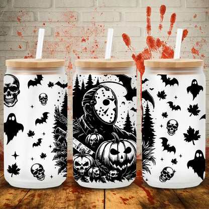 UV DTF Halloween wrap for Libbey 16oz glass cans – spooky tumbler transfer for UK crafters and wholesale suppliers.  Friday 13th horror movie themed wraps