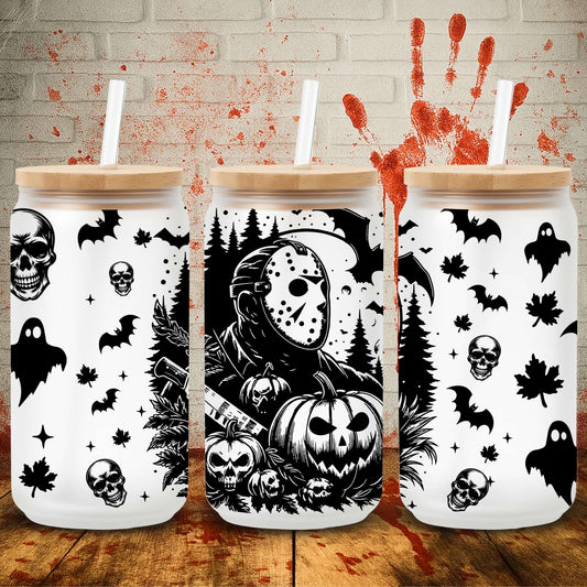 UV DTF Halloween wrap for Libbey 16oz glass cans – spooky tumbler transfer for UK crafters and wholesale suppliers.  Friday 13th horror movie themed wraps