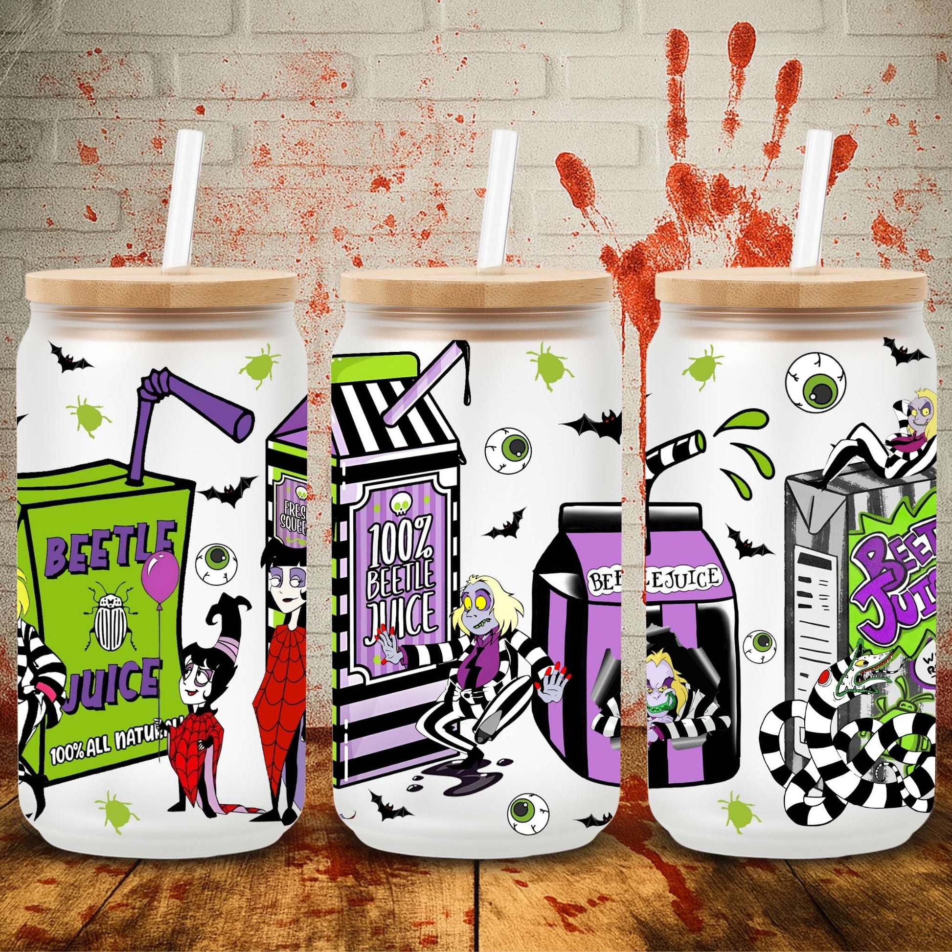 UV DTF Halloween wrap for Libbey 16oz glass cans – spooky tumbler transfer for UK crafters and wholesale suppliers.  Tim Burton films, edward scissorihands, beetlejuice