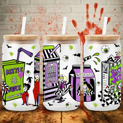 UV DTF Halloween wrap for Libbey 16oz glass cans – spooky tumbler transfer for UK crafters and wholesale suppliers.  Tim Burton films, edward scissorihands, beetlejuice