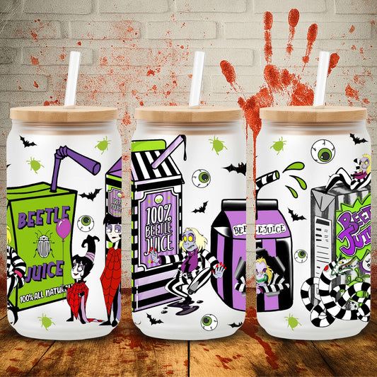 UV DTF Halloween wrap for Libbey 16oz glass cans – spooky tumbler transfer for UK crafters and wholesale suppliers.  Tim Burton films, edward scissorihands, beetlejuice