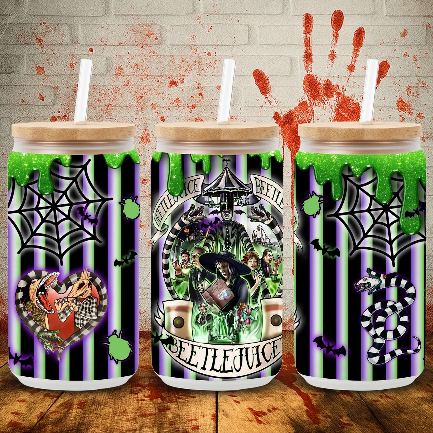 UV DTF Halloween wrap for Libbey 16oz glass cans – spooky tumbler transfer for UK crafters and wholesale suppliers.  Tim Burton films, edward scissorihands, beetlejuice