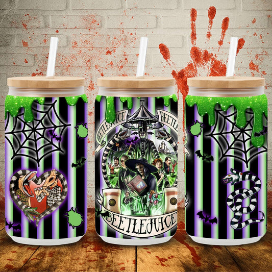 UV DTF Halloween wrap for Libbey 16oz glass cans – spooky tumbler transfer for UK crafters and wholesale suppliers.  Tim Burton films, edward scissorihands, beetlejuice