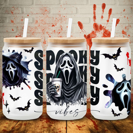 UV DTF Halloween wrap for Libbey 16oz glass cans – spooky tumbler transfer for UK crafters and wholesale suppliers.  Ghostface design tumbler wraps