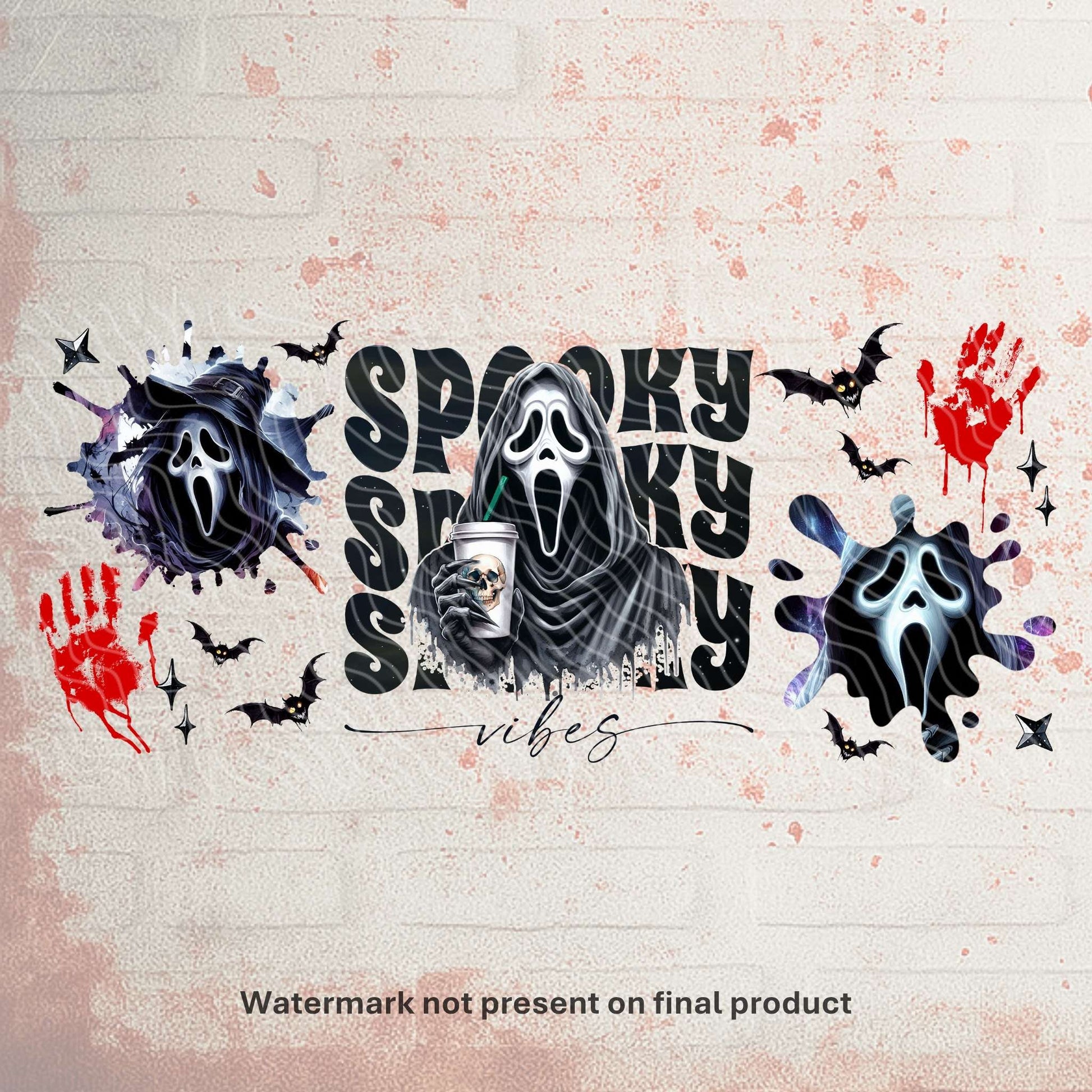 UV DTF Halloween wrap for Libbey 16oz glass cans – spooky tumbler transfer for UK crafters and wholesale suppliers.  Ghostface design tumbler wraps