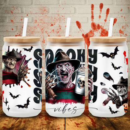 UV DTF Halloween wrap for Libbey 16oz glass cans – spooky tumbler transfer for UK crafters and wholesale suppliers.  Freddy Freddie