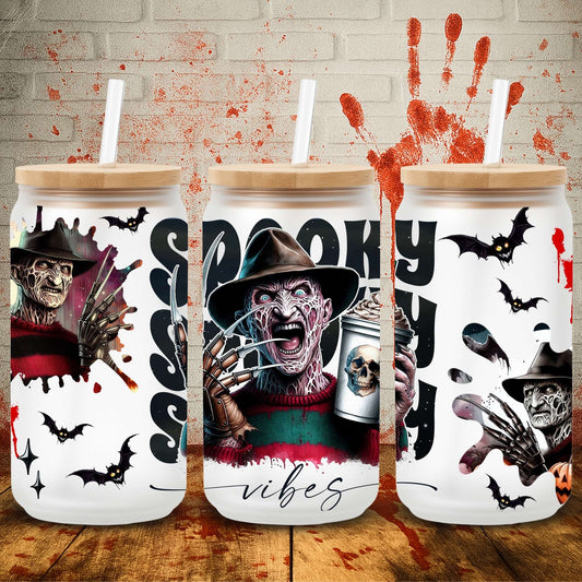 UV DTF Halloween wrap for Libbey 16oz glass cans – spooky tumbler transfer for UK crafters and wholesale suppliers.  Freddy Freddie