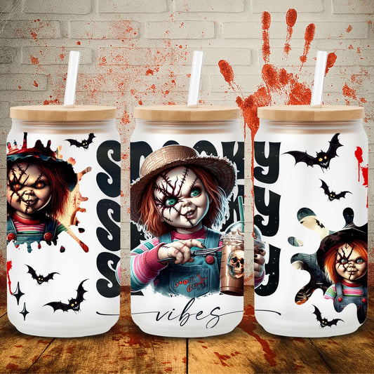 UV DTF Halloween wrap for Libbey 16oz glass cans – spooky tumbler transfer for UK crafters and wholesale suppliers.  Chucky doll