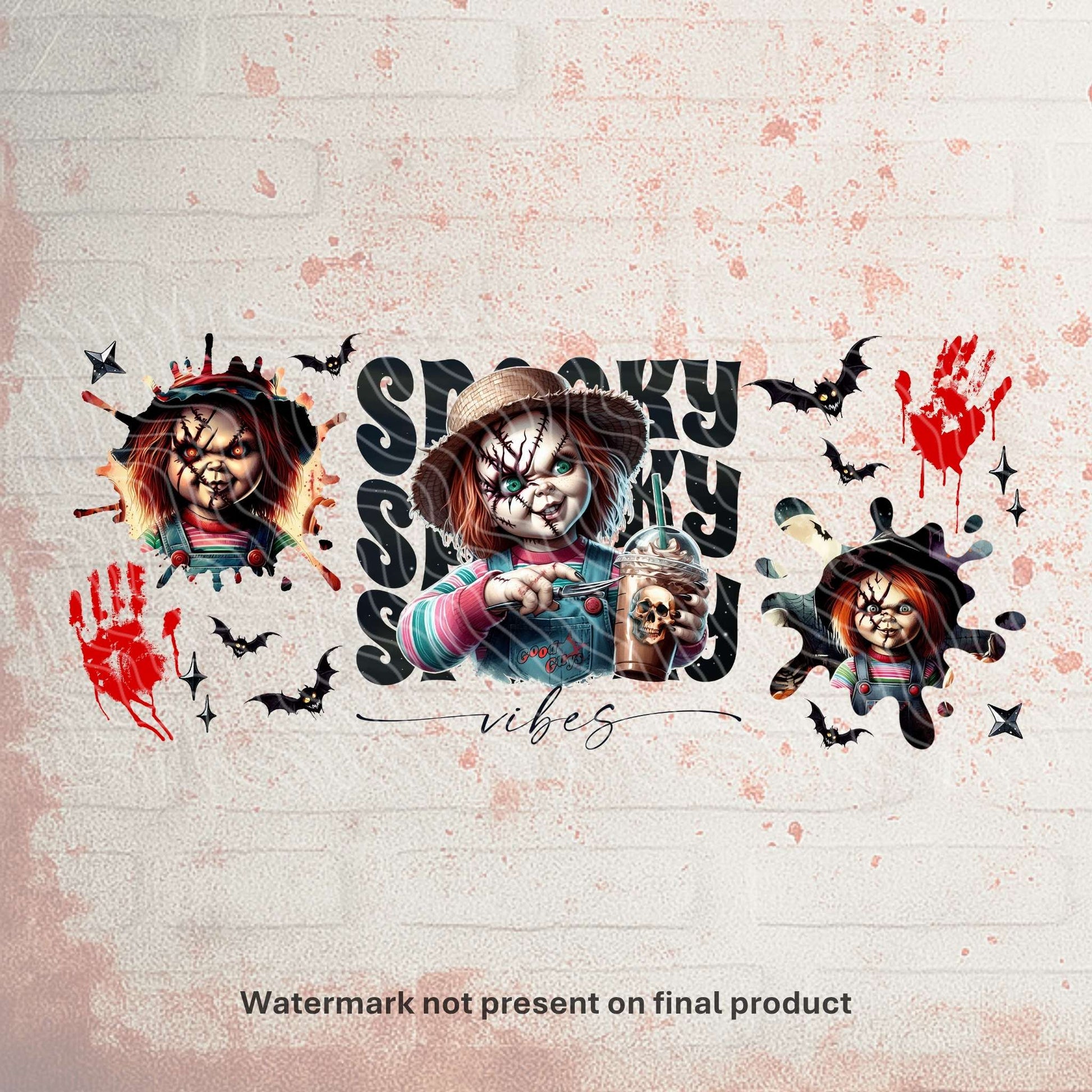 UV DTF Halloween wrap for Libbey 16oz glass cans – spooky tumbler transfer for UK crafters and wholesale suppliers.  Chucky doll