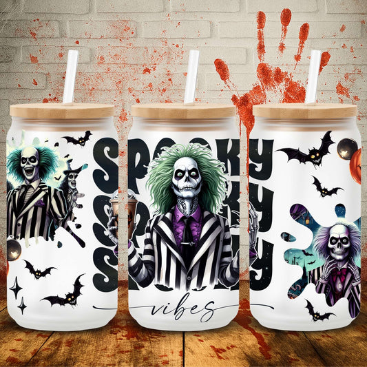 UV DTF Halloween wrap for Libbey 16oz glass cans – spooky tumbler transfer for UK crafters and wholesale suppliers.  Beetlejuice tumbler wraps