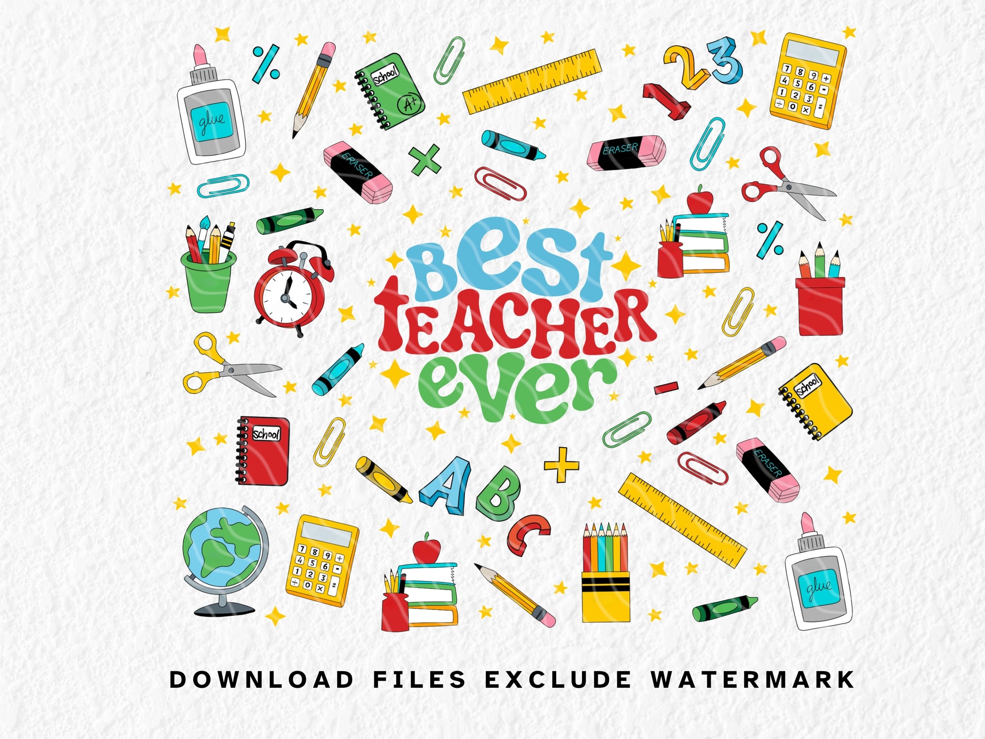 Best Teacher Ever 20oz skinny tumbler wrap PNG for sublimation featuring colorful school supplies like pencils, rulers, glue, scissors, notebooks, calculators, and books on a black background with stars. Perfect for teacher appreciation gifts, back-to-school teacher tumbler designs, and custom educator drinkware. Bright and fun teacher tumbler design ideal for Cricut and sublimation crafting projects.