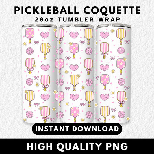 Seamless pattern featuring cute pink and yellow pickleball paddles with floral and striped designs, pink perforated hearts, pickleballs, flowers, bows, and stars on a black background. Ideal for pickleball-themed merchandise, girly sports prints, or playful athletic fashion. This whimsical and feminine pickleball illustration is perfect for fabric patterns, wallpaper, wrapping paper, or digital backgrounds for sports lovers
