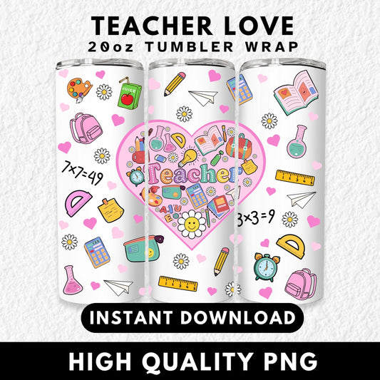 Colorful 'Teacher' heart 20oz skinny tumbler wrap PNG for sublimation featuring cute school supplies like books, calculators, rulers, backpacks, flowers, hearts, and paper airplanes on a black background. Perfect digital download for creating teacher appreciation gifts, custom drinkware, and back-to-school tumblers. Ideal for Cricut, sublimation projects, and personalized teacher gifts