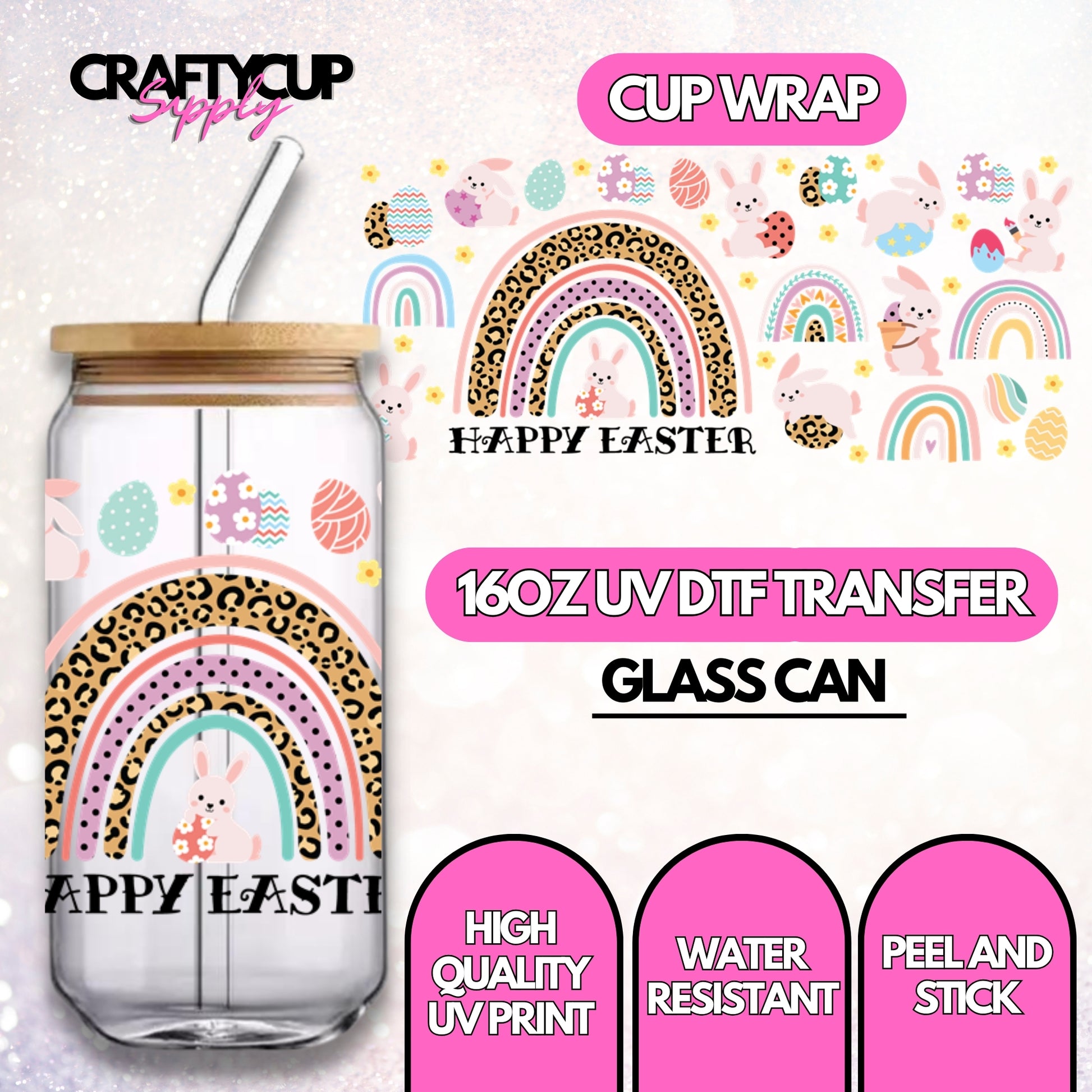 DTF UV Cup Wraps Transfers Libbey 16 Oz Glass Cans Happy 