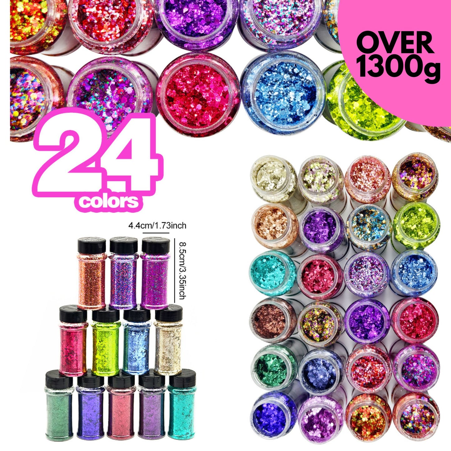 24x 2oz Filled Shaker Jars Glitter Bundle, Over 1300g of Glitters! - SET 3