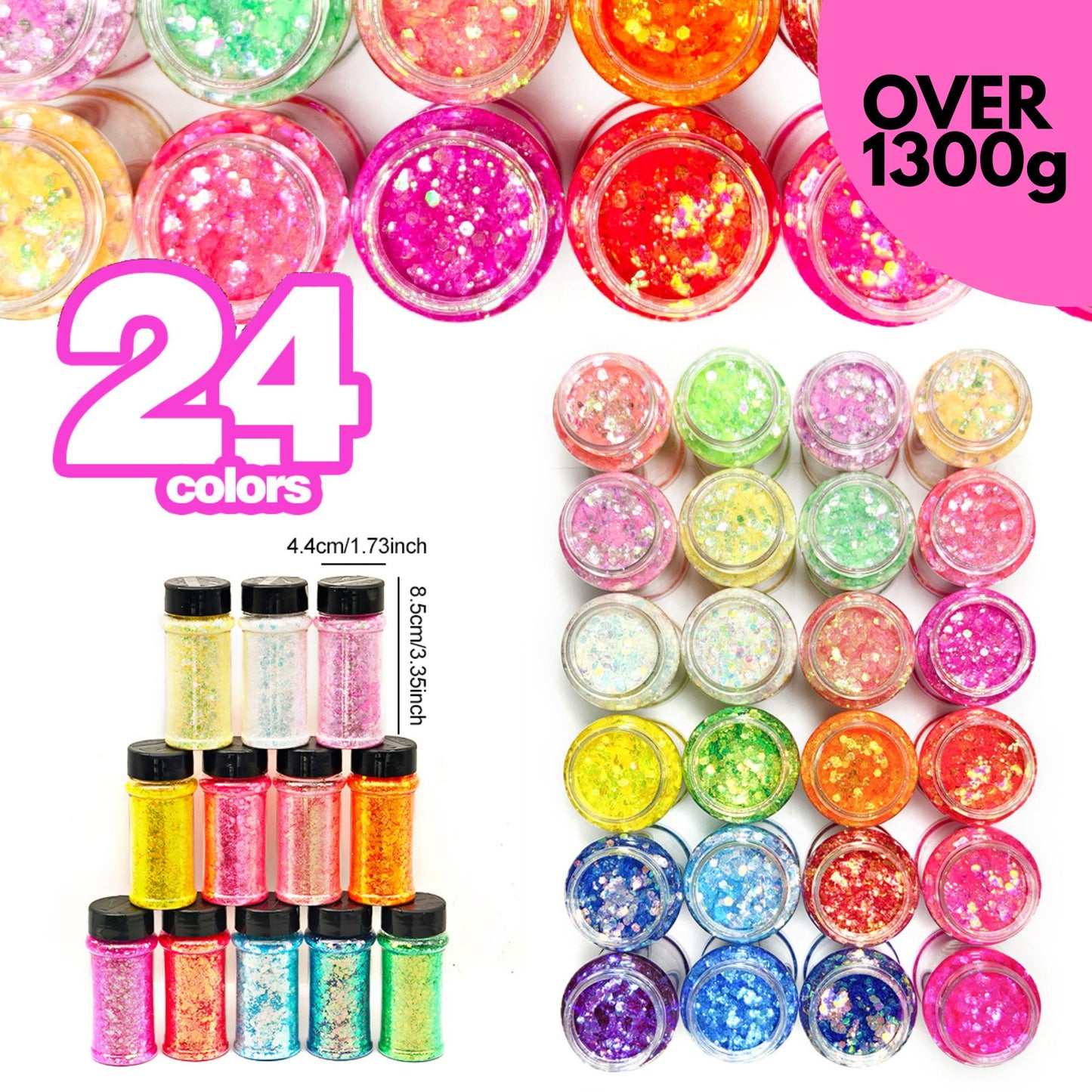 24x 2oz Filled Shaker Jars Glitter Bundle, Over 1300g of Glitters! - SET 7
