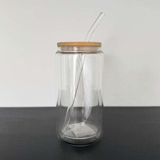 16oz Glass Double Wall Snowglobe Libbey Can w/ Glass Straw & Cleaner