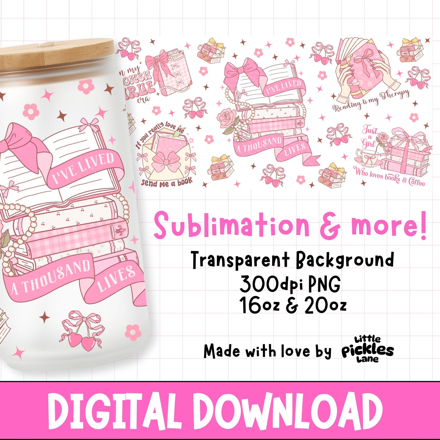 Ive lived a thousand lives design digital download png for uvdtf sublimation and more, design shown on a libbey can.