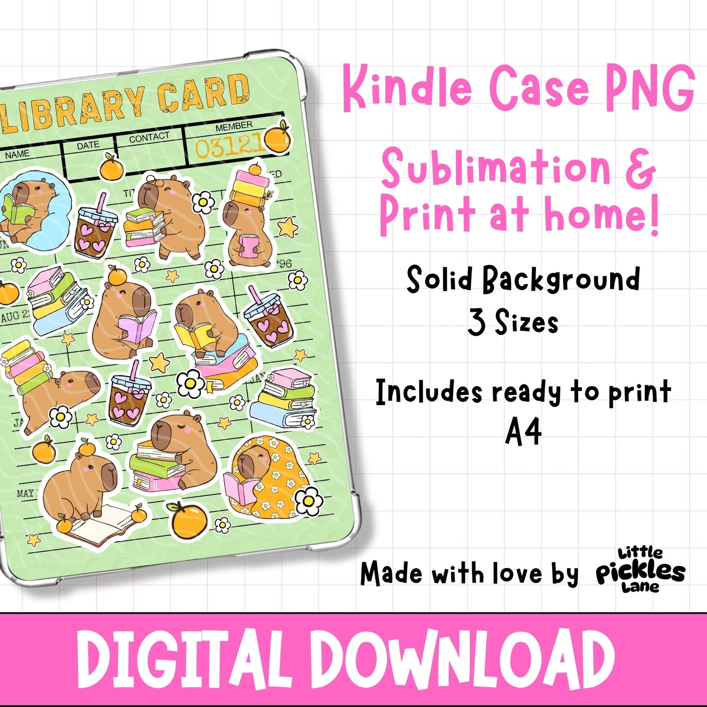 Kindle case design with cartoon bears and text about digital download and print options.