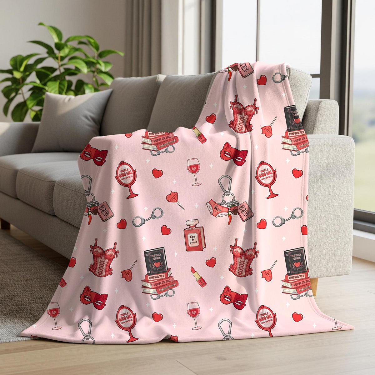 Pink smut romance seamless pattern displayed on a blanket with spicy book stacks, red lingerie, heart motifs and reading accessories.