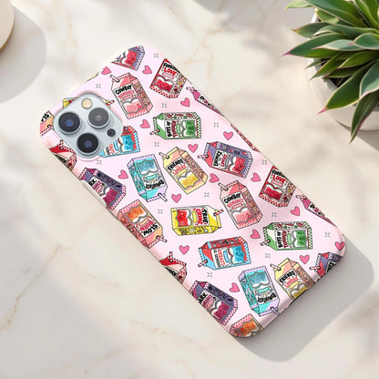 Pink bookish romance seamless digital paper displayed on a phone case with illustrated romance trope juice boxes and hearts.