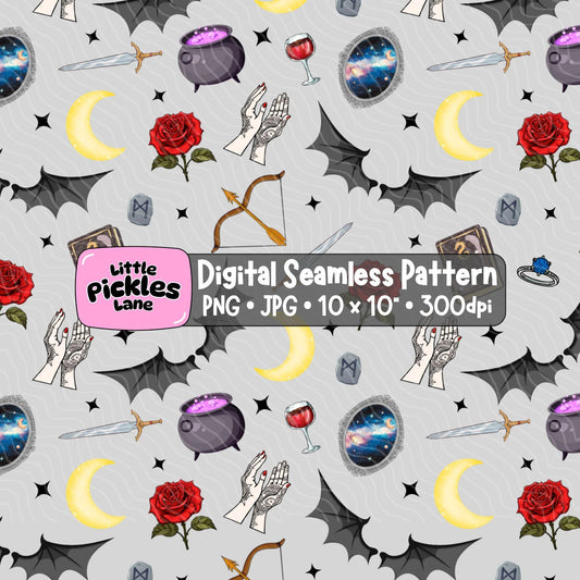A digital seamless pattern preview featuring a romantasy bookish theme of acotar