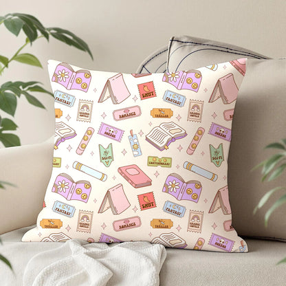 Bookish seamless digital paper displayed on a decorative cushion with pastel illustrated books, reading accessories and colourful literary genre tickets.