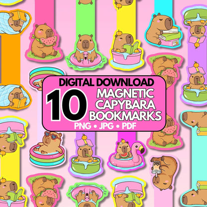 Digital download for 10 magnetic capybara bookmarks with various poses on a colorful striped background.