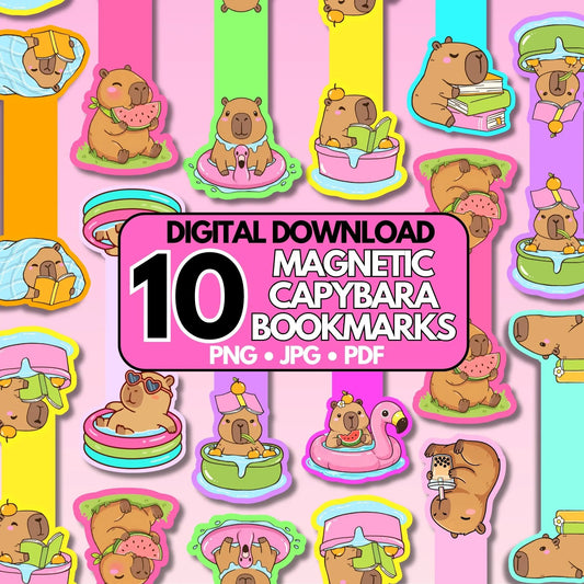 Digital download for 10 magnetic capybara bookmarks with various poses on a colorful striped background.